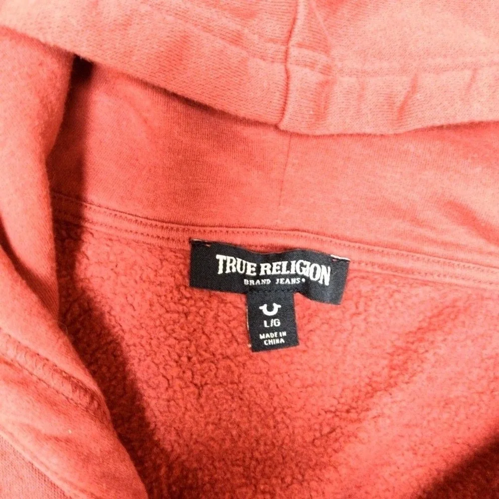 True Religion Hoodie Mens L Red Full Zip Hooded Graphic Fleece Buddha Back